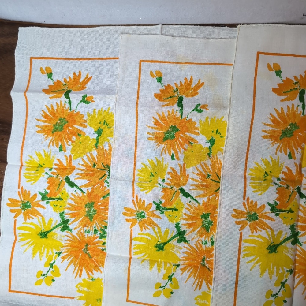 Vintage Vera Neumann Linen Napkins Set of 3 Yellow Orange Floral Ladybug Logo